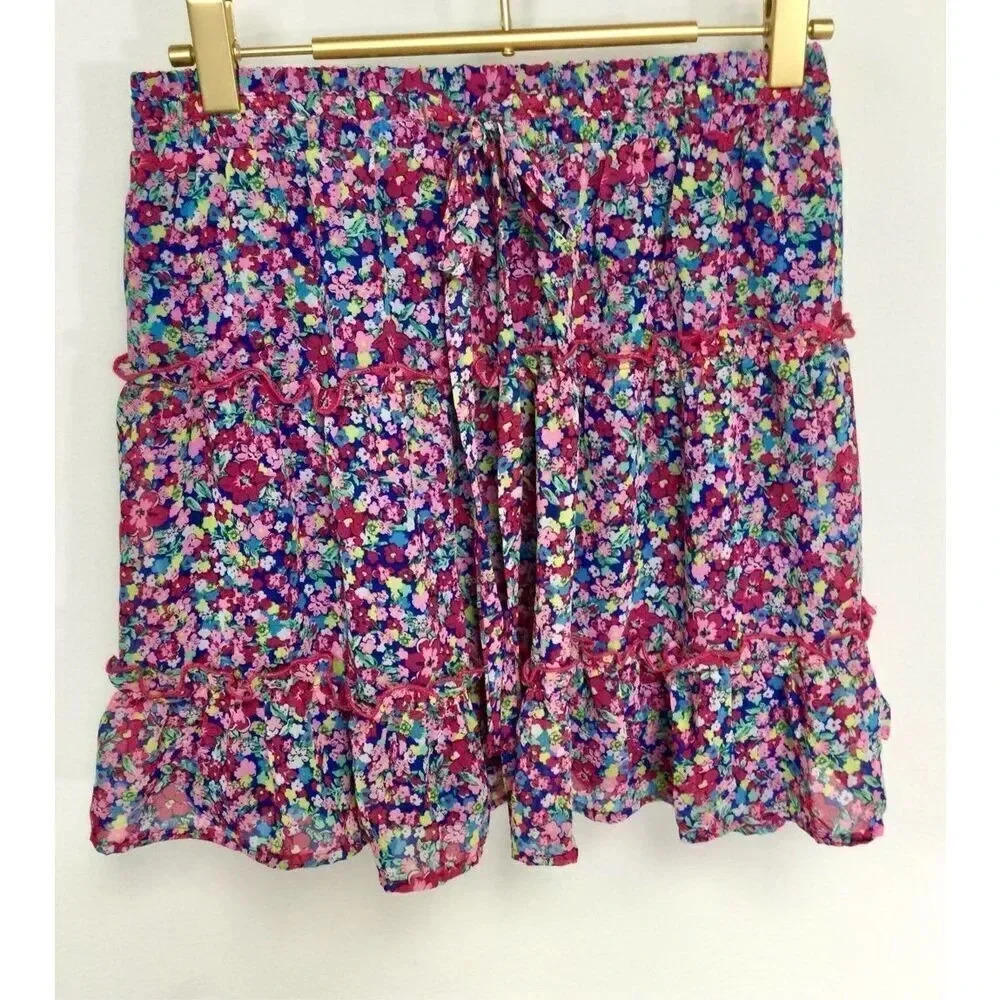 Sienna Sky Womens S Tiered Ruffle‎ Skirt Pink Blue Floral Boho Lined Stretch NWT